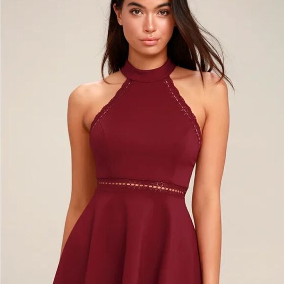LULU'S Burgundy Red Halter Top Skater Dress Size Medium - Picture 5 of 10